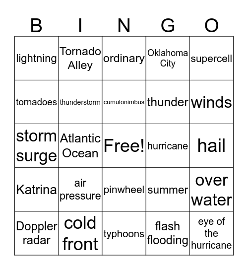 Violent Weather Bingo Card