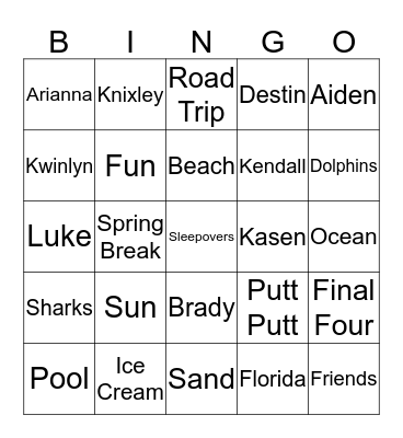 Spring Break Bingo Card