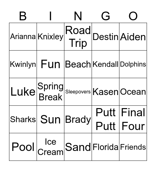 Spring Break Bingo Card