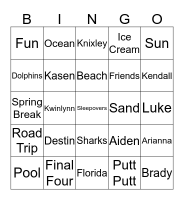 Spring Break Bingo Card