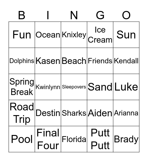 Spring Break Bingo Card