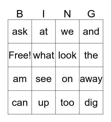 Sight Words Bingo Card