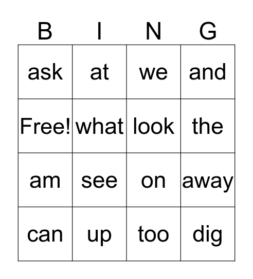 Sight Words Bingo Card