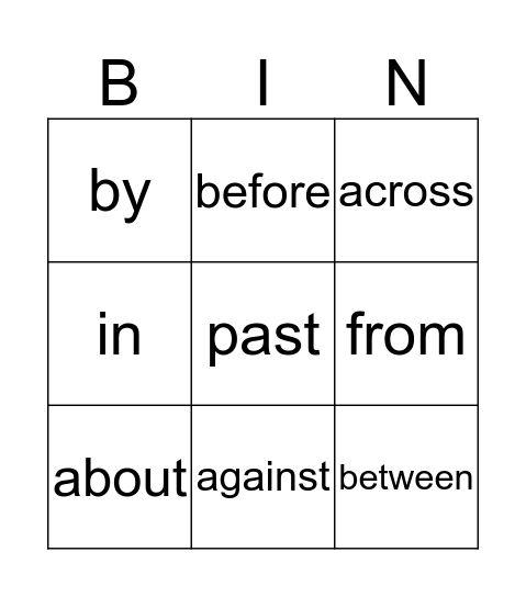 Prepositions Bingo Card