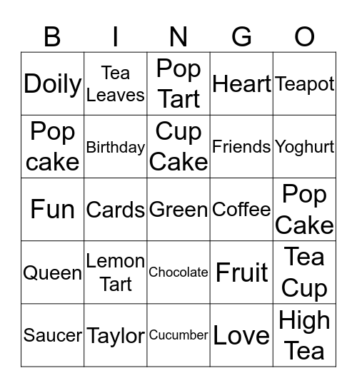 Taylor's High Tea Bingo Card