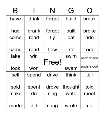 IRREGULAR VERBS Bingo Card
