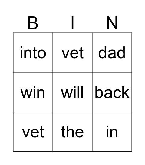 w and v words  Bingo Card