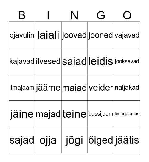 Silbi alguses on j, silbi lõpus on i Bingo Card