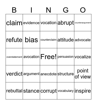 Argumentative Unit Bingo Card