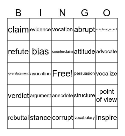 Argumentative Unit Bingo Card