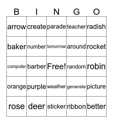 R Vocabulary Bingo Card