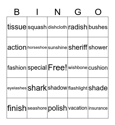 S/Sh Vocabulary Bingo Card