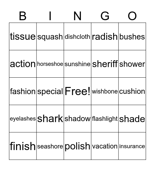 S/Sh Vocabulary Bingo Card