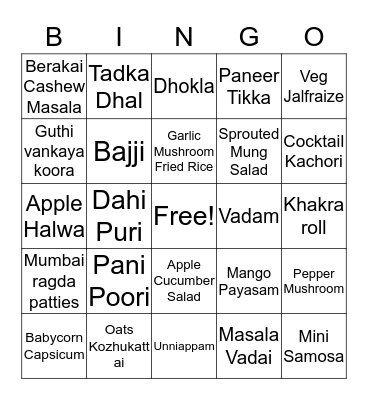 Indian Wedding Foods Bingo Card