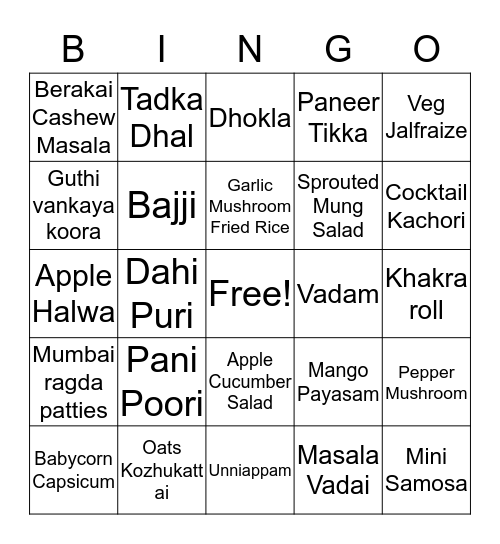 Indian Wedding Foods Bingo Card