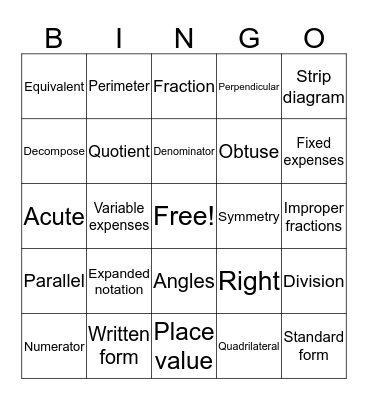 Math Vocabulary Bingo Card