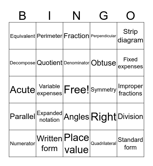 Math Vocabulary Bingo Card