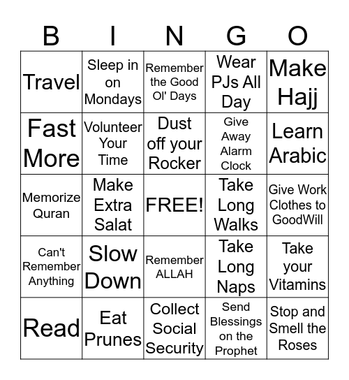 Retirement Bingo Card