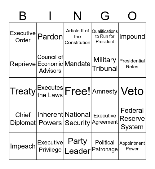 CH 9 The Presidency Bingo Card