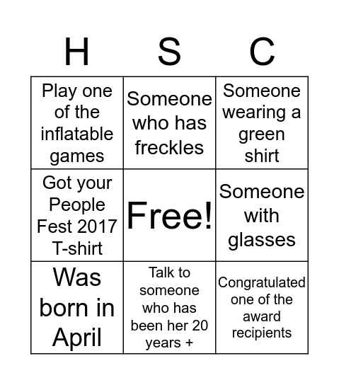 HSC People Fest 2017 Bingo Card