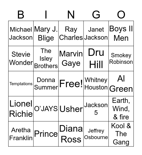 MUSICAL R & B BINGO Card