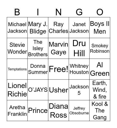 Musical R & B BINGO Card