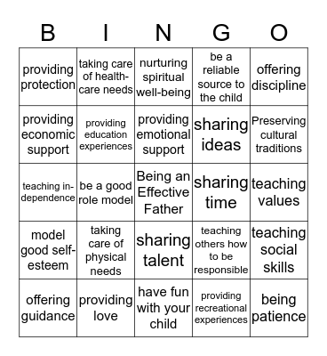 Responsibilities of Parenthood Bingo Card