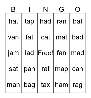 Short A Bingo Card