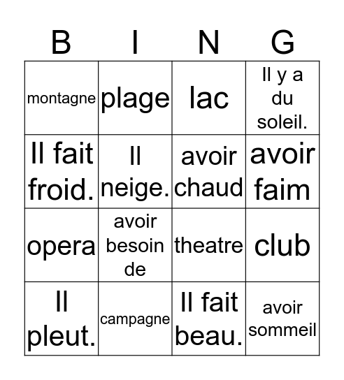 Francais 1, Chapitre 5, Vocabulaire 2 Bingo Card