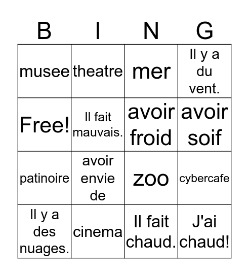 French 1, Chapter 5, Vocabulary 2 Bingo Card