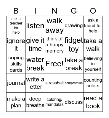 Coping Skills Bingo Card