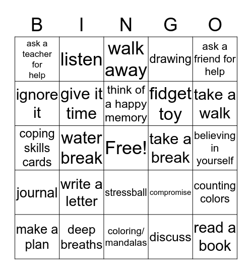 Coping Skills Bingo Card