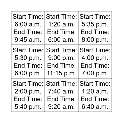 Elapsed TIME Bingo Card