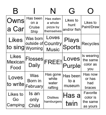 Getting to Know You Bingo Card