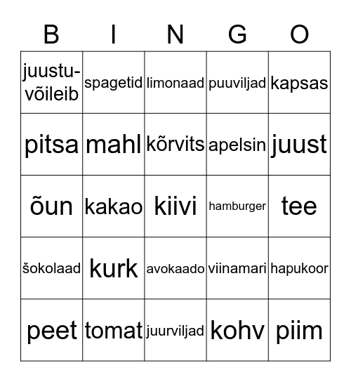 Toiduained 2 Bingo Card