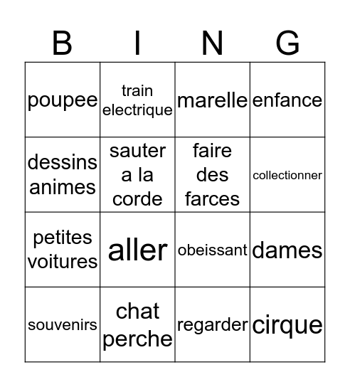 French 2 / Chapter 6 / Vocabulary 1 Bingo Card