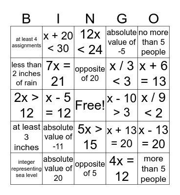 integer/algebra bingo new Bingo Card