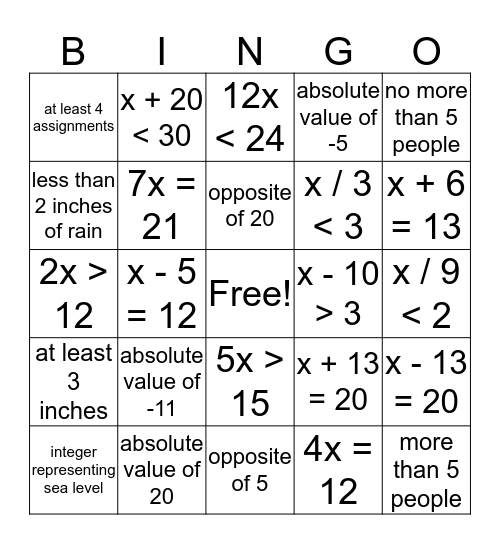 integer/algebra bingo new Bingo Card