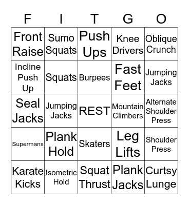 Fitspiration Fitness Bingo Card