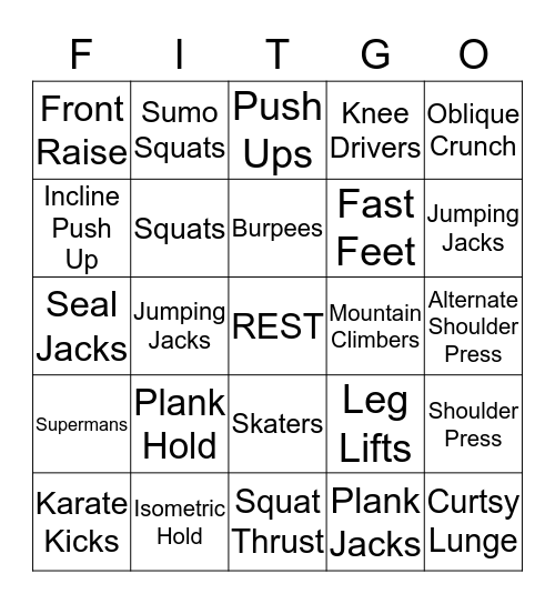 Fitspiration Fitness Bingo Card