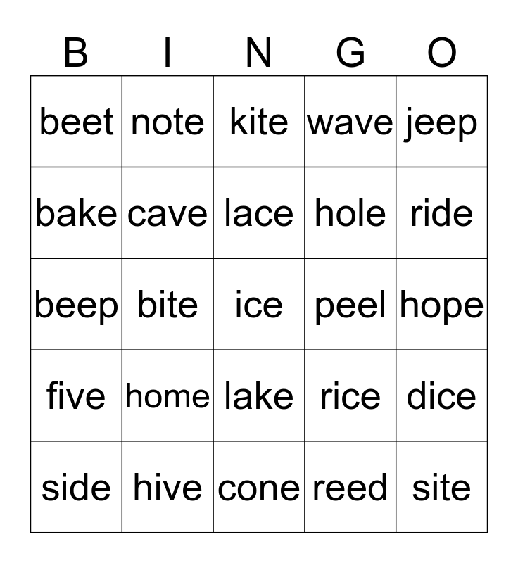 long vowels bingo card