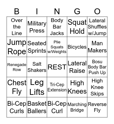 Fitspiration Fitness Bingo Card