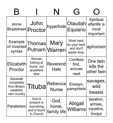 English 3 Midterm Exam Review Bingo Card