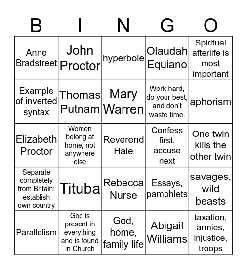 English 3 Midterm Exam Review Bingo Card