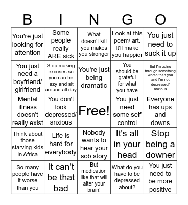 Mental Health Stigma Bingo Card