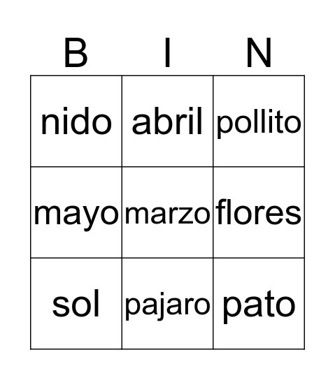 Primavera Bingo Card