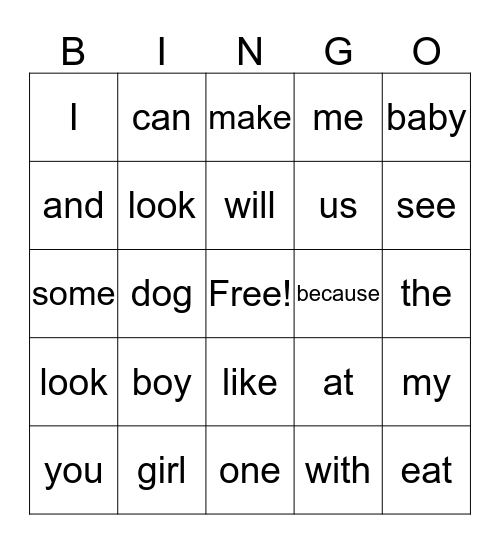 Sight Word Bingo Card
