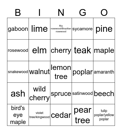 tree species Bingo Card