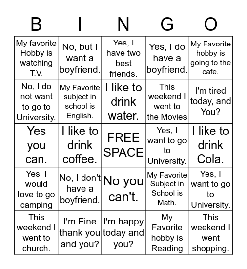 Conversation BINGO!!! Bingo Card