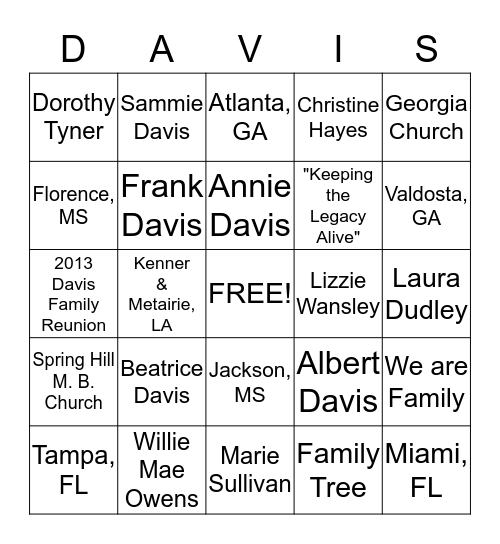 Davis Family Reunion Bingo Card